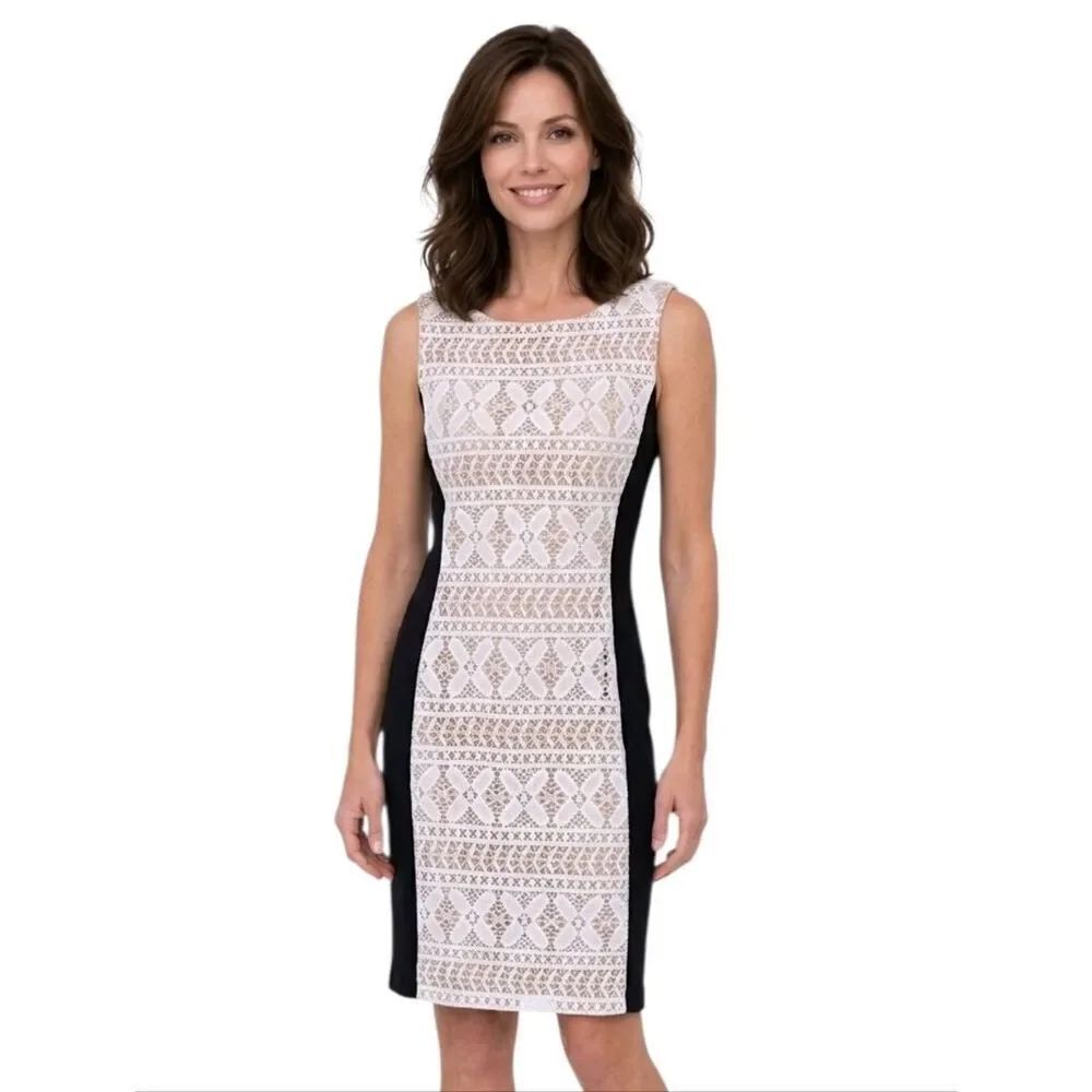 Anne Klein Navy With Ivory Lace Overlay Lined Sleeveless Sheath Dress Size 8